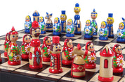 BLAUE BABUSZKAMMERN - Handbemaltes Babuschka Schachspiel (42 × 42 cm)